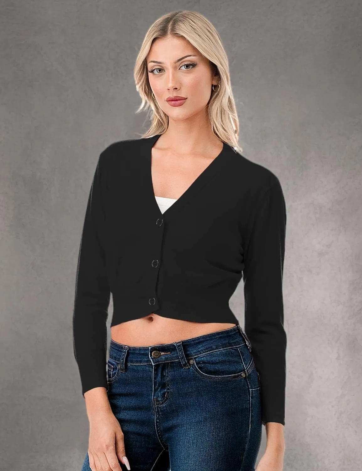 Women's 3/4 Sleeve Soft Open Front Cropped Sweater Cardigan (S-XXL)