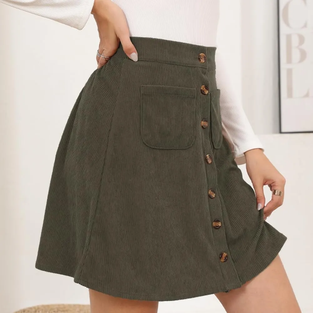 Women's Button Down Corduroy Skirts High Waist A-line Pleated Short Mini Skirt with Pockets
