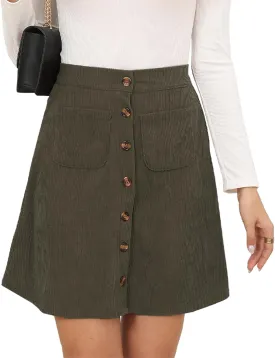 Women's Button Down Corduroy Skirts High Waist A-line Pleated Short Mini Skirt with Pockets