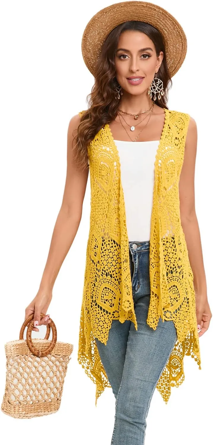 Women's Crochet Lace Vest Boho Sleeveless Kimono Irregular Hem Cardigan
