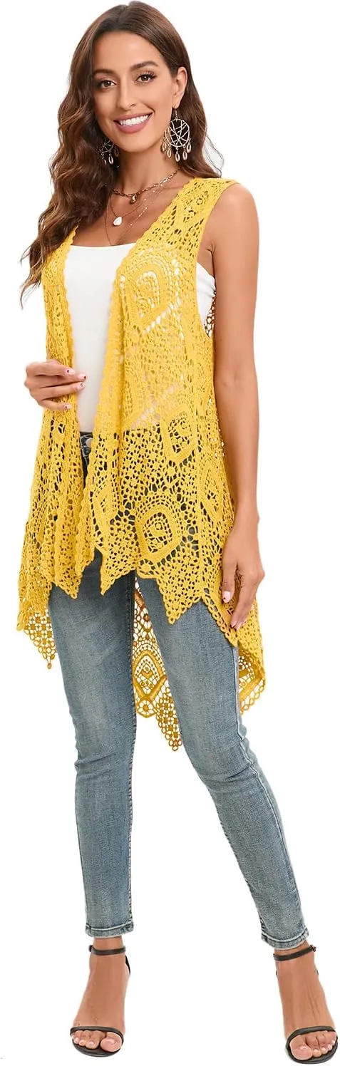 Women's Crochet Lace Vest Boho Sleeveless Kimono Irregular Hem Cardigan