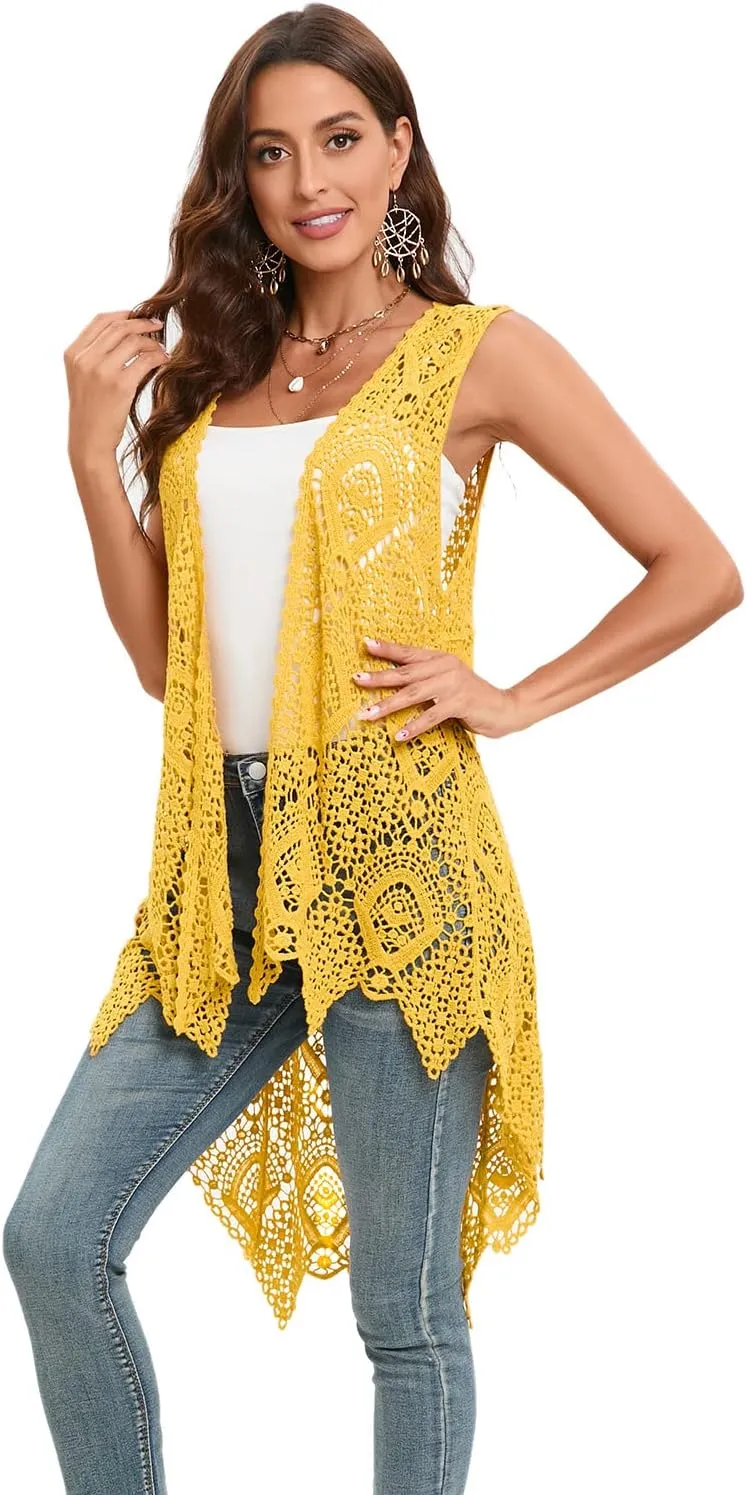 Women's Crochet Lace Vest Boho Sleeveless Kimono Irregular Hem Cardigan