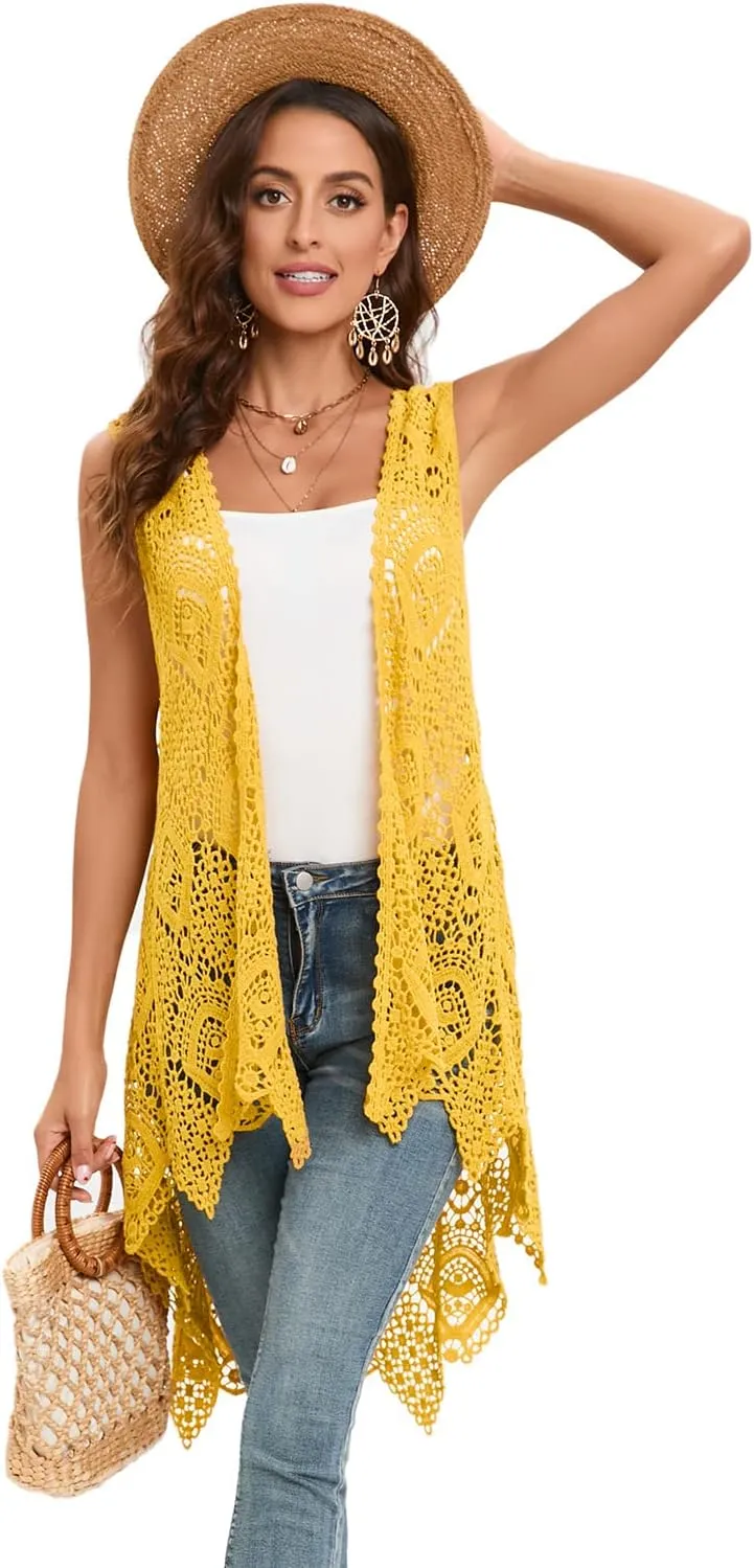 Women's Crochet Lace Vest Boho Sleeveless Kimono Irregular Hem Cardigan