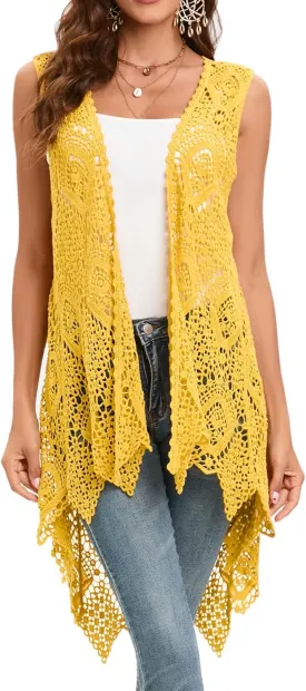Women's Crochet Lace Vest Boho Sleeveless Kimono Irregular Hem Cardigan