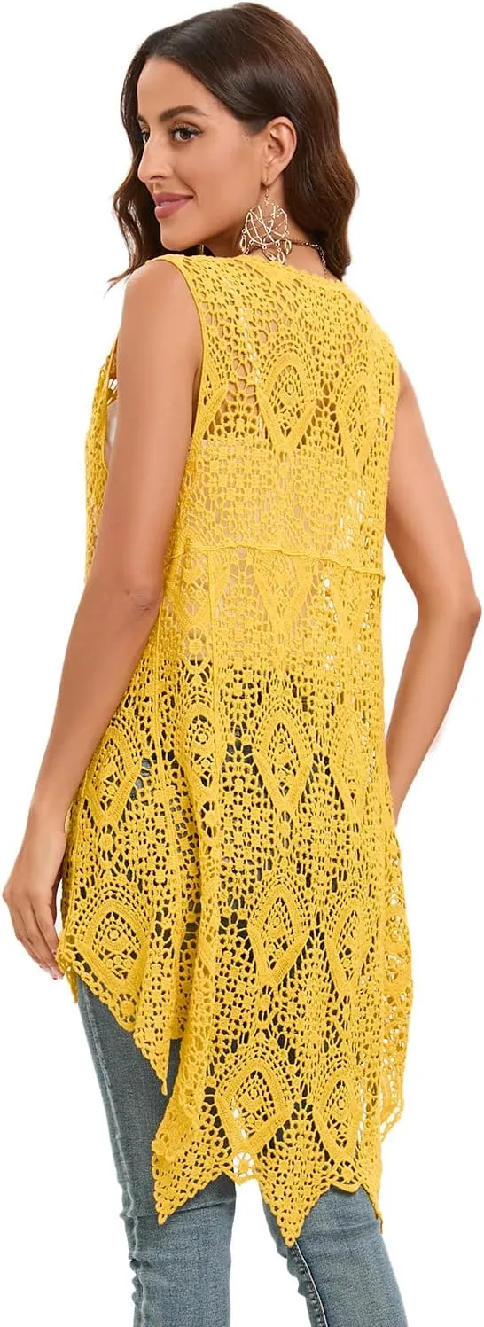 Women's Crochet Lace Vest Boho Sleeveless Kimono Irregular Hem Cardigan