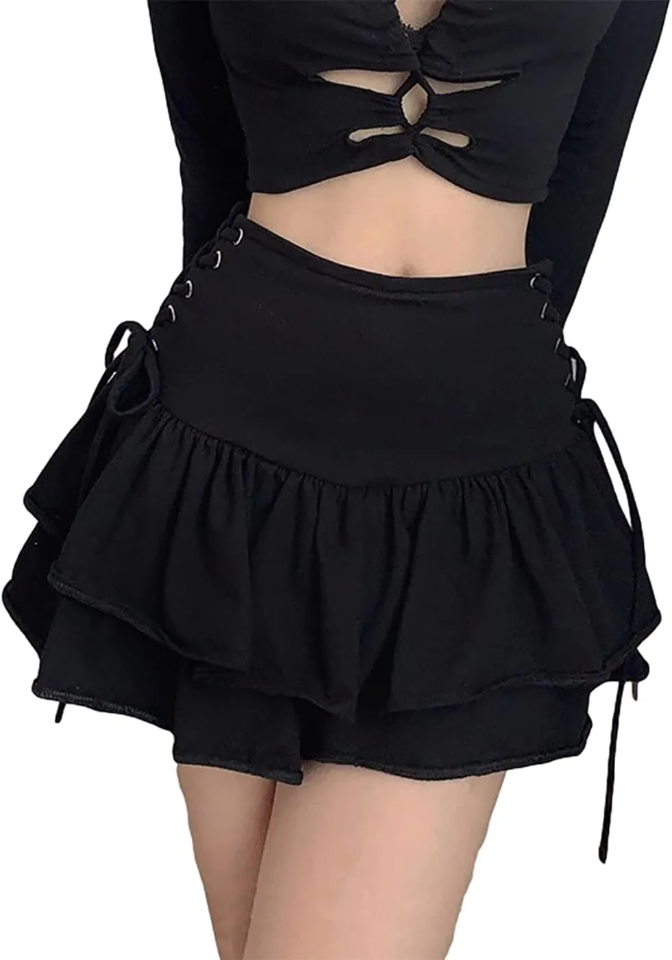 Womens Gothic Skirt Y2k 2000s Girl Mall Goth Punk Skirts High Waist Lace-Up Ruffle Fairy Grunge Mini Skirts