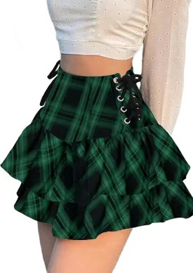 Womens Gothic Skirt Y2k 2000s Girl Mall Goth Punk Skirts High Waist Lace-Up Ruffle Fairy Grunge Mini Skirts