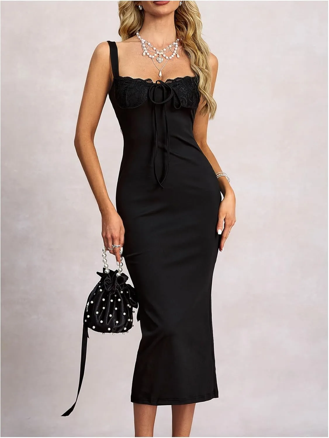 Women's Lace Bodycon Pencil Dress Lace Up Spaghetti Strap Split Cocktail Maxi Slip Dresses