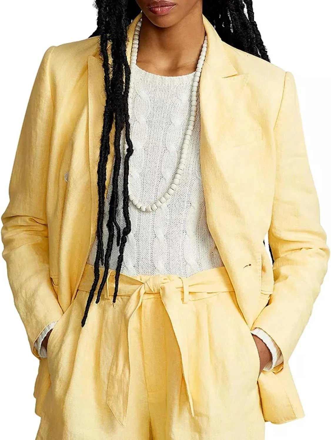 Women's Linen Blazer Double Breasted Buttons Suit Jacket for Office Business