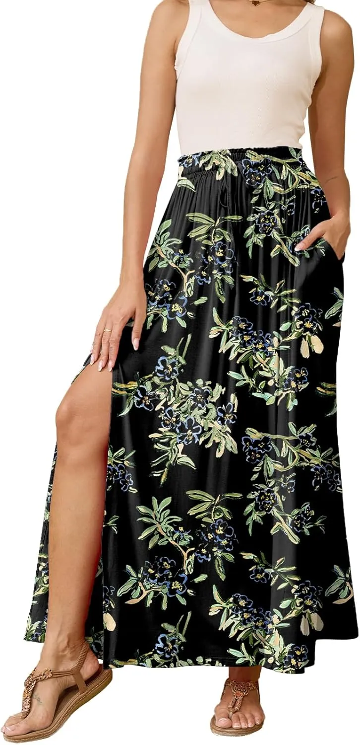 Womens Maxi High Elastic Waisted Skirt Flowy A-Line Split Hem Beach Long Skirts for Women with Pockets
