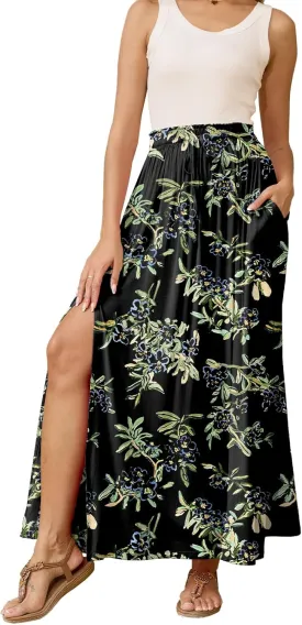Womens Maxi High Elastic Waisted Skirt Flowy A-Line Split Hem Beach Long Skirts for Women with Pockets