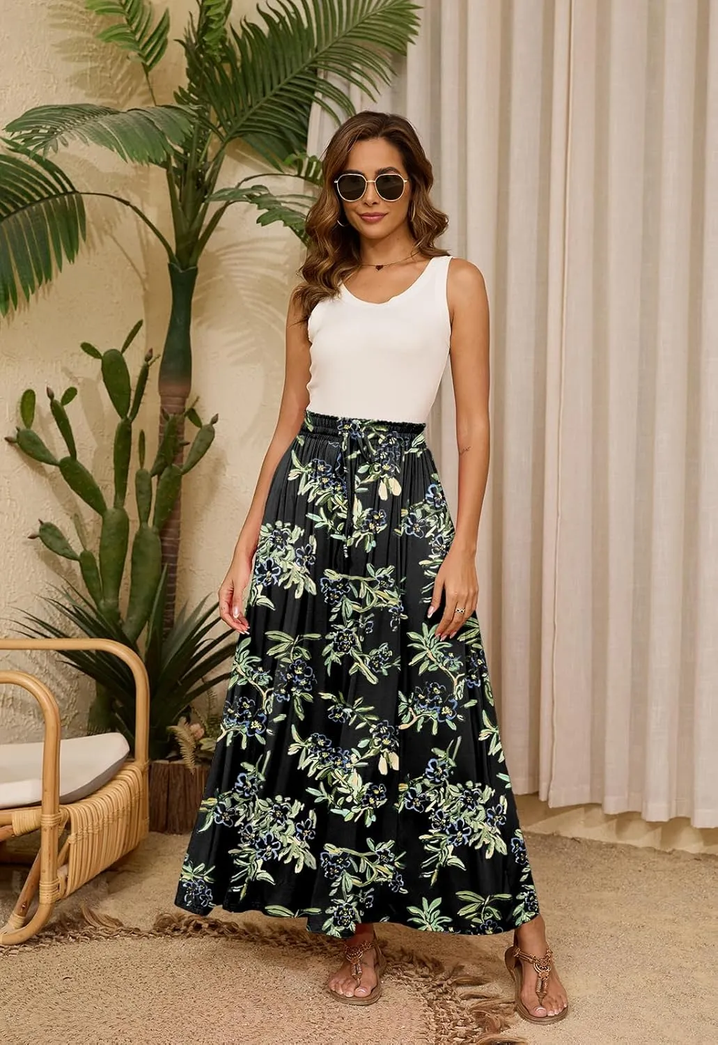 Womens Maxi High Elastic Waisted Skirt Flowy A-Line Split Hem Beach Long Skirts for Women with Pockets