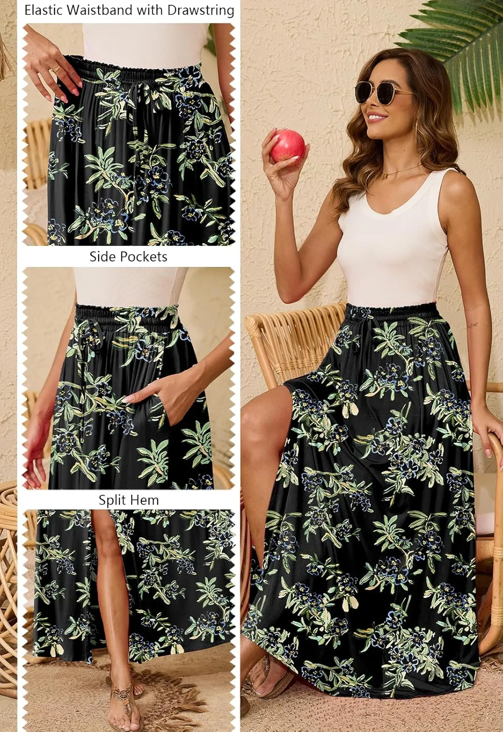 Womens Maxi High Elastic Waisted Skirt Flowy A-Line Split Hem Beach Long Skirts for Women with Pockets