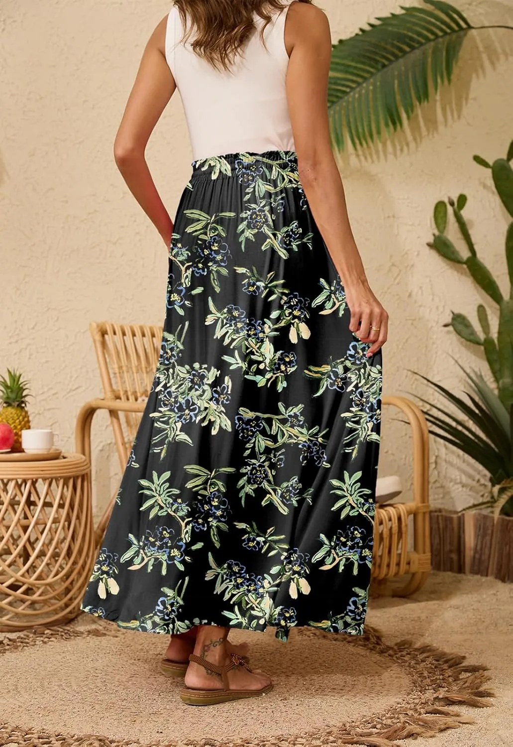 Womens Maxi High Elastic Waisted Skirt Flowy A-Line Split Hem Beach Long Skirts for Women with Pockets