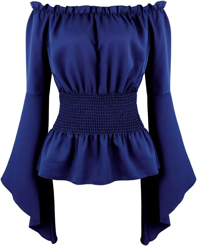 Womens Renaissance Blouse Off Shoulder Trumpet Long Sleeve Peasant Tops Medieval Victorian Costume