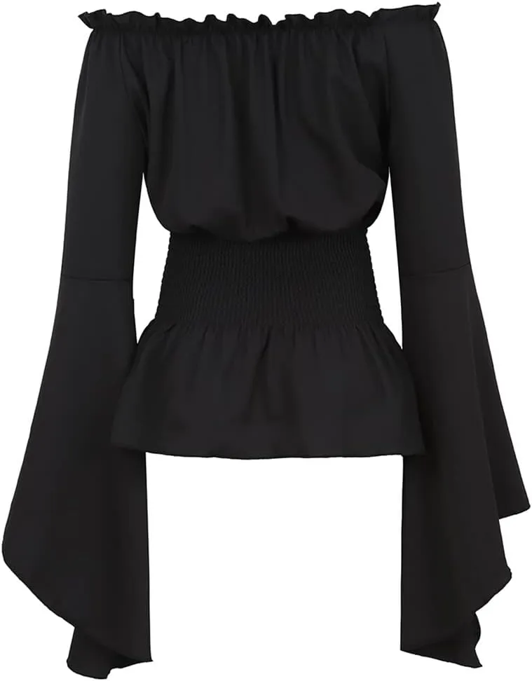 Womens Renaissance Blouse Off Shoulder Trumpet Long Sleeve Peasant Tops Medieval Victorian Costume