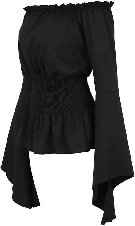 Womens Renaissance Blouse Off Shoulder Trumpet Long Sleeve Peasant Tops Medieval Victorian Costume