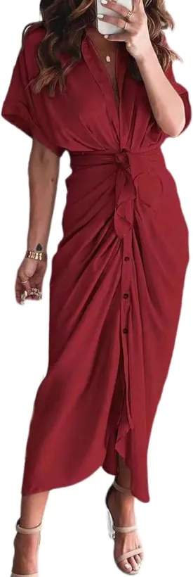 ZWRXW Dresses for Women Button Down Ruched Shirt Dresses Short Sleeve Lapel V Neck Maxi Dress Elegant Work Dress with Belt